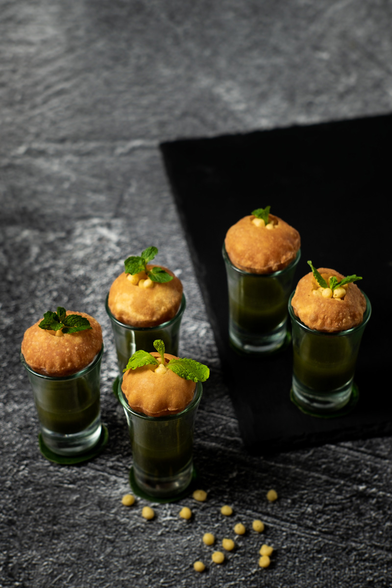 Pani Puri on a black stone plate at Queen’s of India Nusa Dua Bali